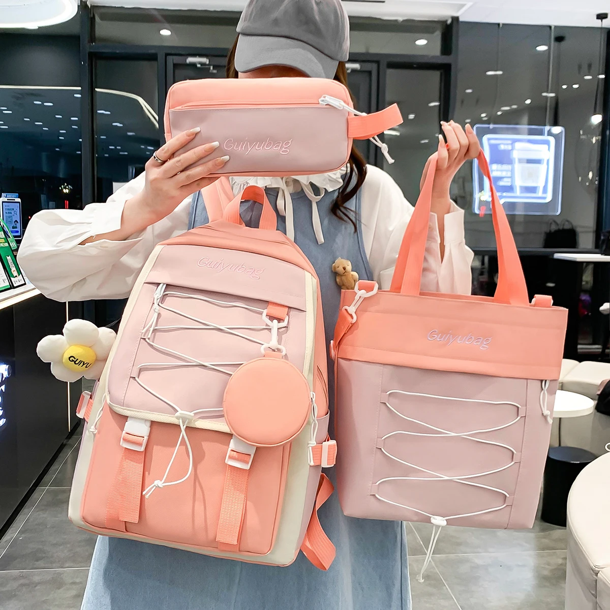 

5 Piece Women's Backpack Letter Embroidery Lace Up School Bags For Teenage Girls 2022 Canvas Junior High School Student Bookbag