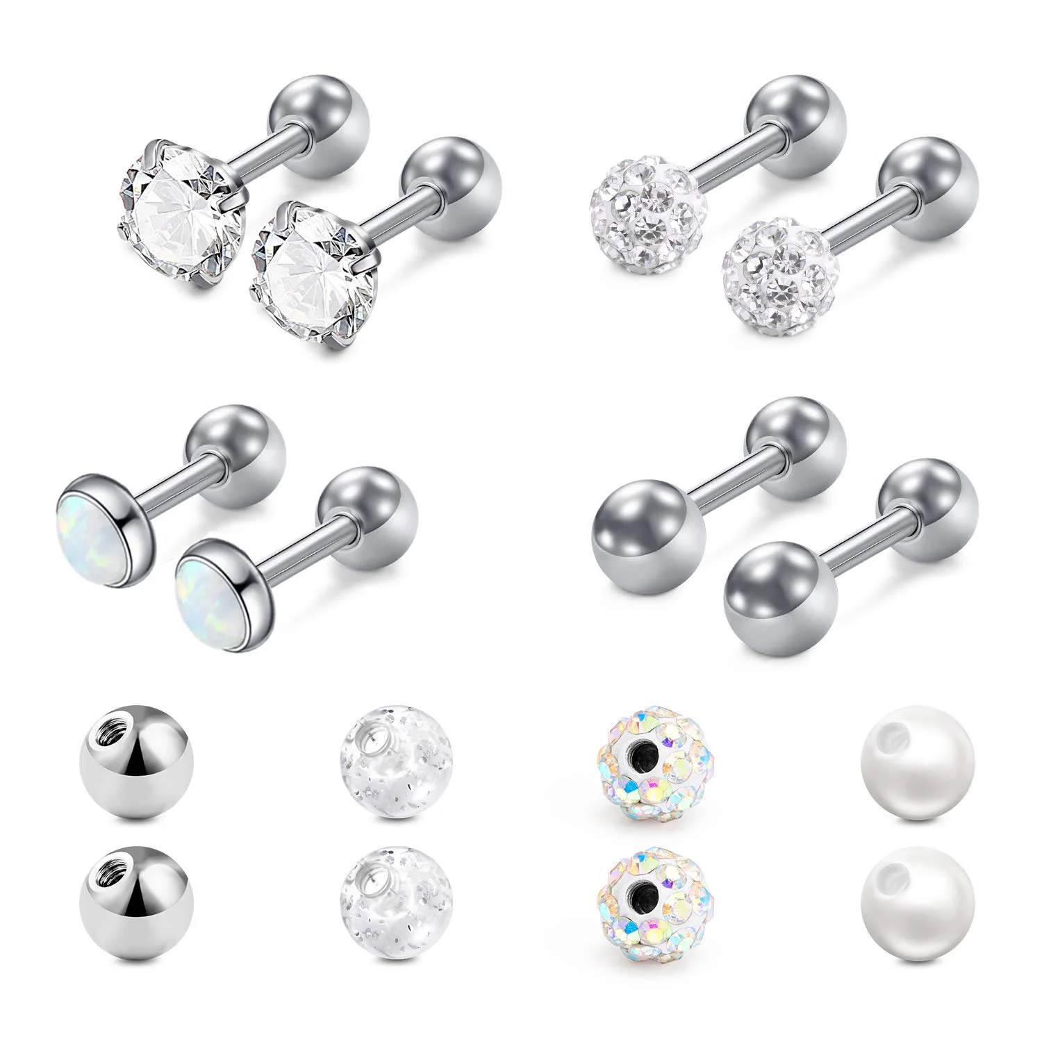 

4 Pairs 16g Cartilage Tragus Stud Earring Forward Helix Daith Conch Stainless Steel Piercing Jewelry + 8pcs Replacement Ball 3mm