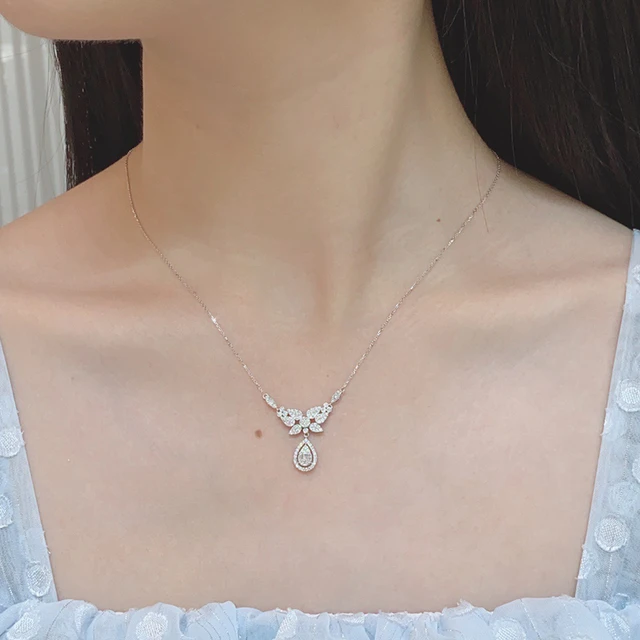 LUOWEND 18K White Gold Necklace Luck Clover Water Drop Design 0.60carat Real Diamond Pendant Necklace for Women Wedding Jewelry 4