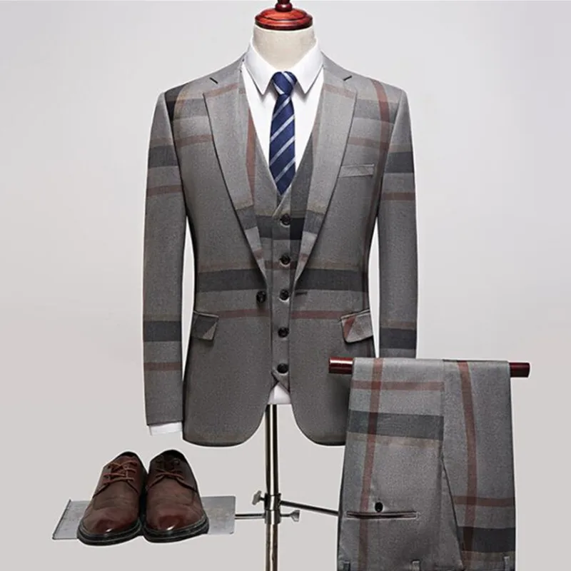 

3 Pcs Suits Set Coat Vest Pants / 2023 Fashion Men's Casual Boutique Business Plaid Slim Formal Dress Blazers Jacket Waistcoat