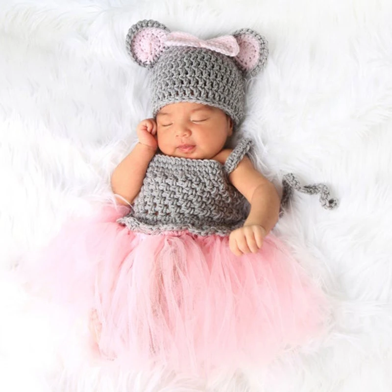 

2 Pcs/Set Newborn Photography Props Outsuits Baby Knitted Mesh Tutu Skirts Cute Ears Hat Set Infants Photo Shooting Crochet