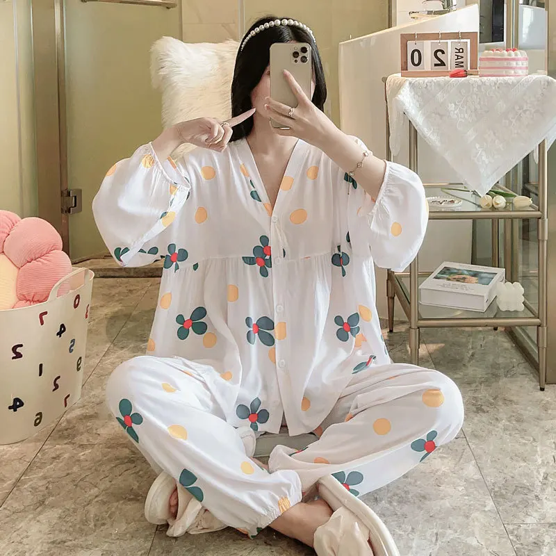 2023 New Pajamas for Women's Spring and Autumn Thin Japanese Style Three-quarter Sleeve Cardigan Pure Cotton Home Service Suit