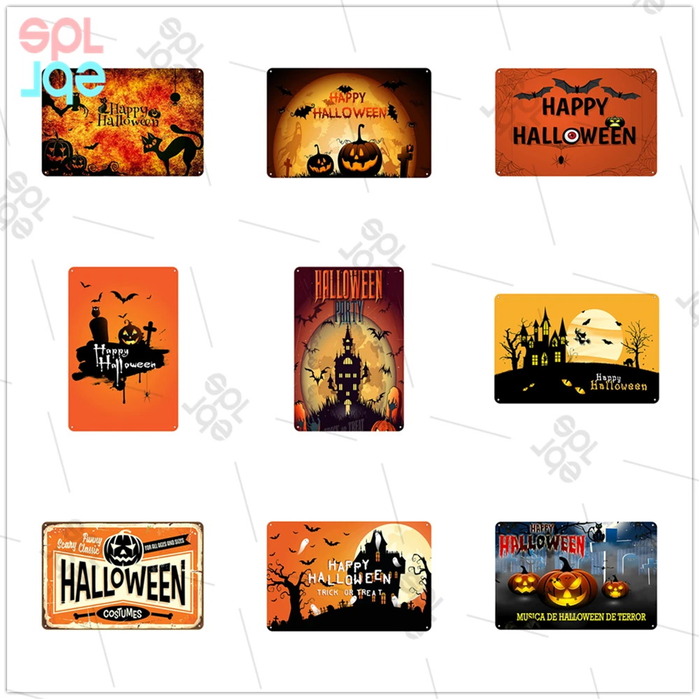 

Жестяная пластина для Хэллоуина, винтажный Настенный декор, лампа в виде тыквы, декоративная жестяная пластина, настенные наклейки, металлическая жестяная пластина, домашний декор