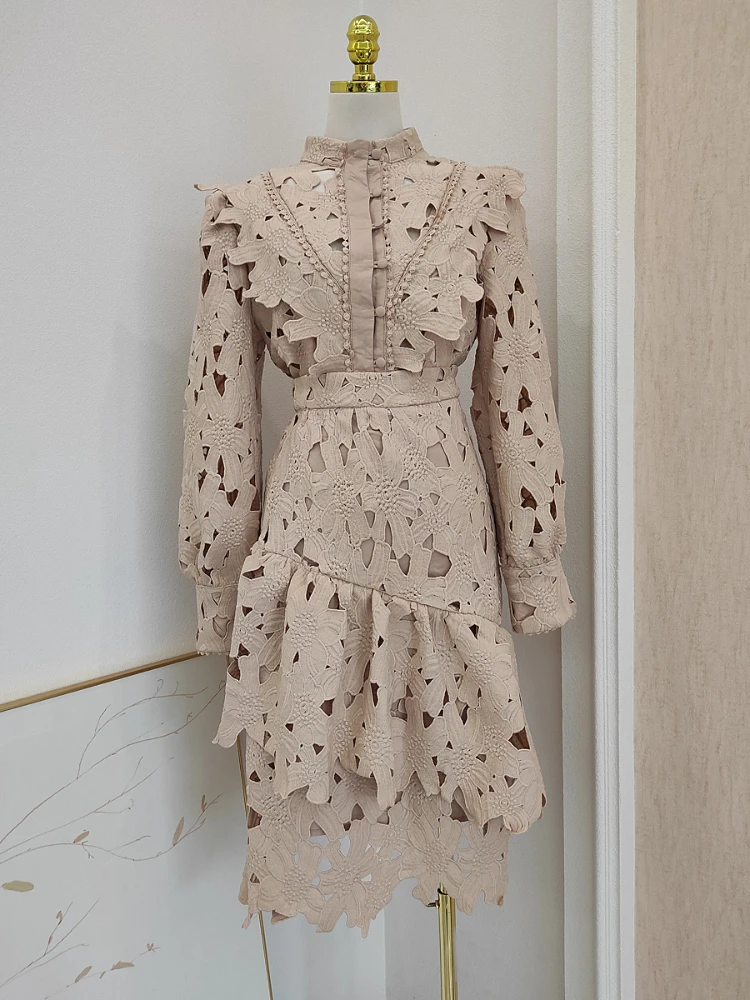 

Женский ажурный комплект из 2 предметов, юбка с воротником-стойкой и длинным рукавом, топ с пуговицами спереди и юбка с высокой талией, винтажные комплекты, платье для нового года