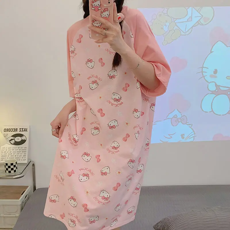 

Cartoon Hello Kitty Cotton Nightdress Summer Anime Thin Section Short-Sleeved Home Service Mid-Length Pajamas Round Neck Women