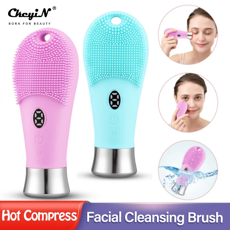 

CkeyiN Electric Facial Cleansing Brush Silicone Vibration Sonic Deep Face Pore Cleaner Hot Compress Exfoliating Beauty Massager