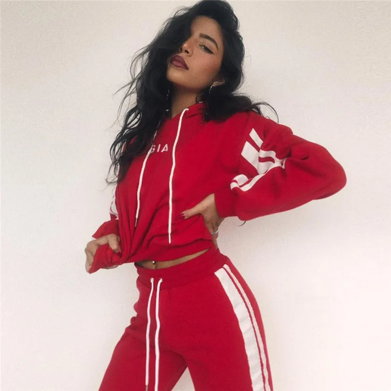 

Women's Sports Hooded Two Piece Outfit Spring Autumn Colorblock Sports Drawstring Long Pants Fashion Pullover Tops Leisure Suit