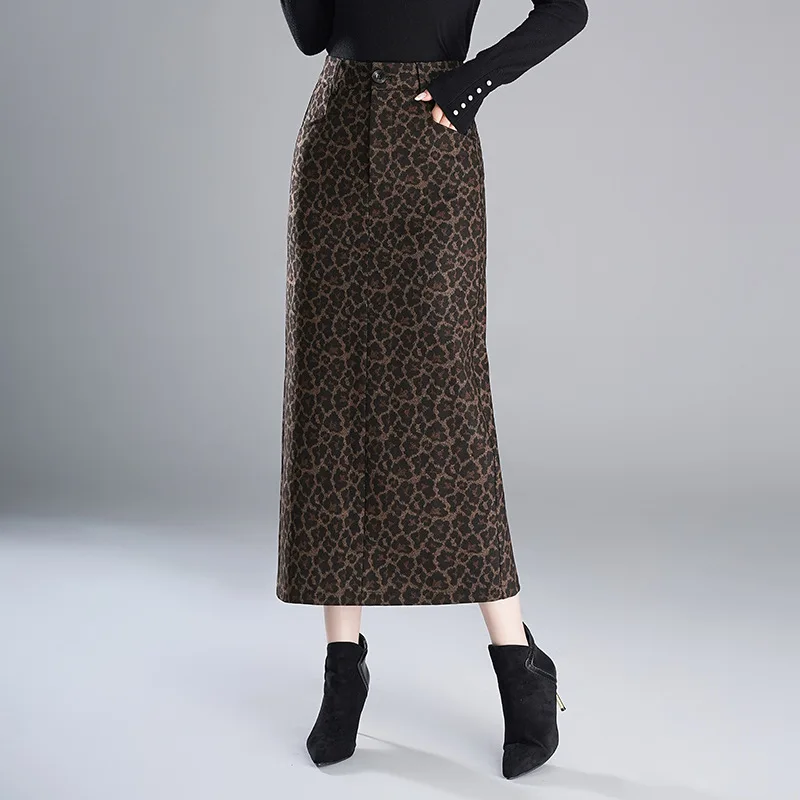 Леопардовая юбка-карандаш женская осенне-зимняя элегантная шикарная облегающая