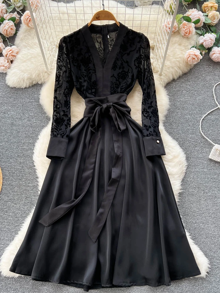 

Aibeautyer New Casual Spring Autumn Solid Slim Full Lady Dress A Line V Neck Chiffon Pullover Mid-Calf High Waist Women Dresses