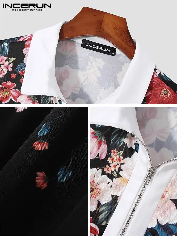 INCERUN Tops 2022 Casual Vacation Style Men's Short Sleeve Flower Shirts Fashion Male Printing Lapel Collar Zipper Blouse S-3XL