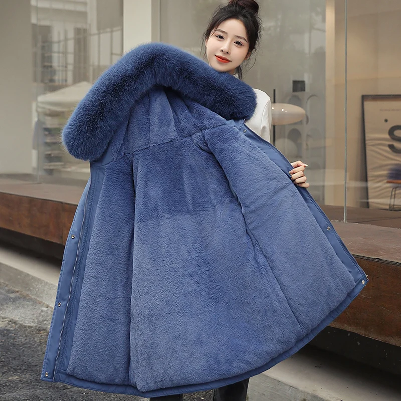Wool Liner Jacket Women Winter 2022 New Korea Fashion Solid Thick Warm Snow Coat Hooded with Fur Collar Casual Female Parkas