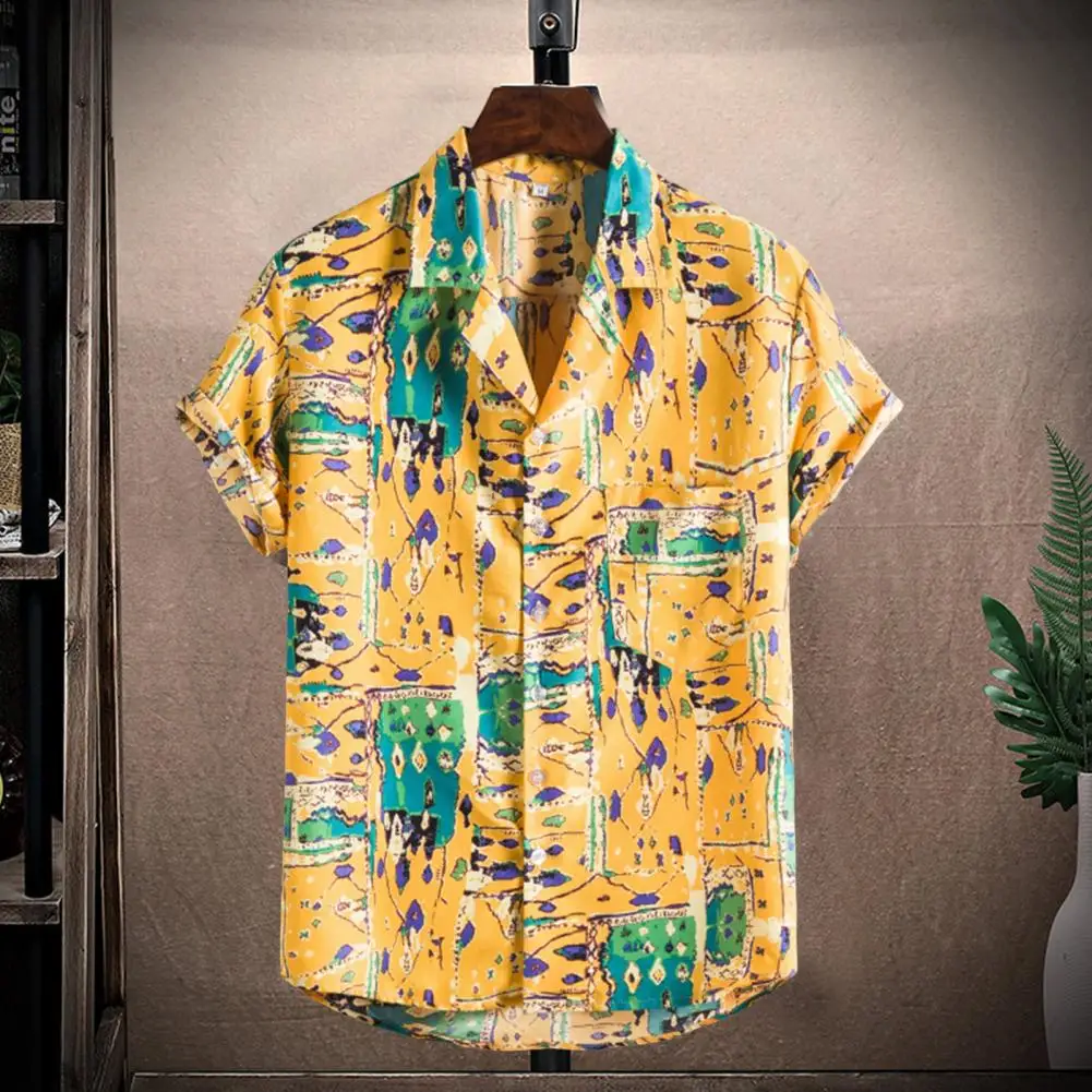 

Loose Hawaii Colorful Print Soft Beach Tops Single-breasted Cardigan Breathable Men Shirt Patchwork Short Sleeves Men Tops 2022