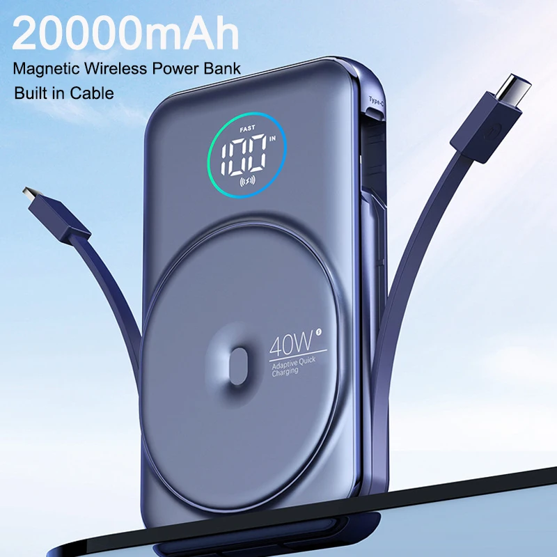 

20000mAh Magnetic Qi Wireless Charger Power Bank Built in Cable PD40W Fast Charging Powerbank for iPhone 13 12 Huawei P40 Xiaomi