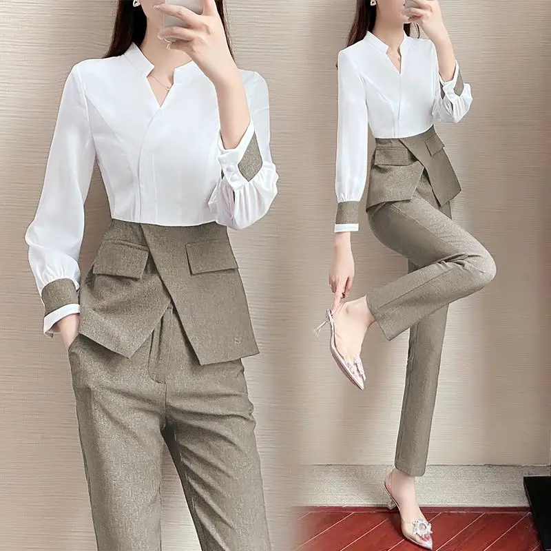 

Spring Autumn Clothing Women Fashion Two Piece Set Womens Outfits Elegant Blouse + Pants Suits Office Lady Ensemble Femme E314