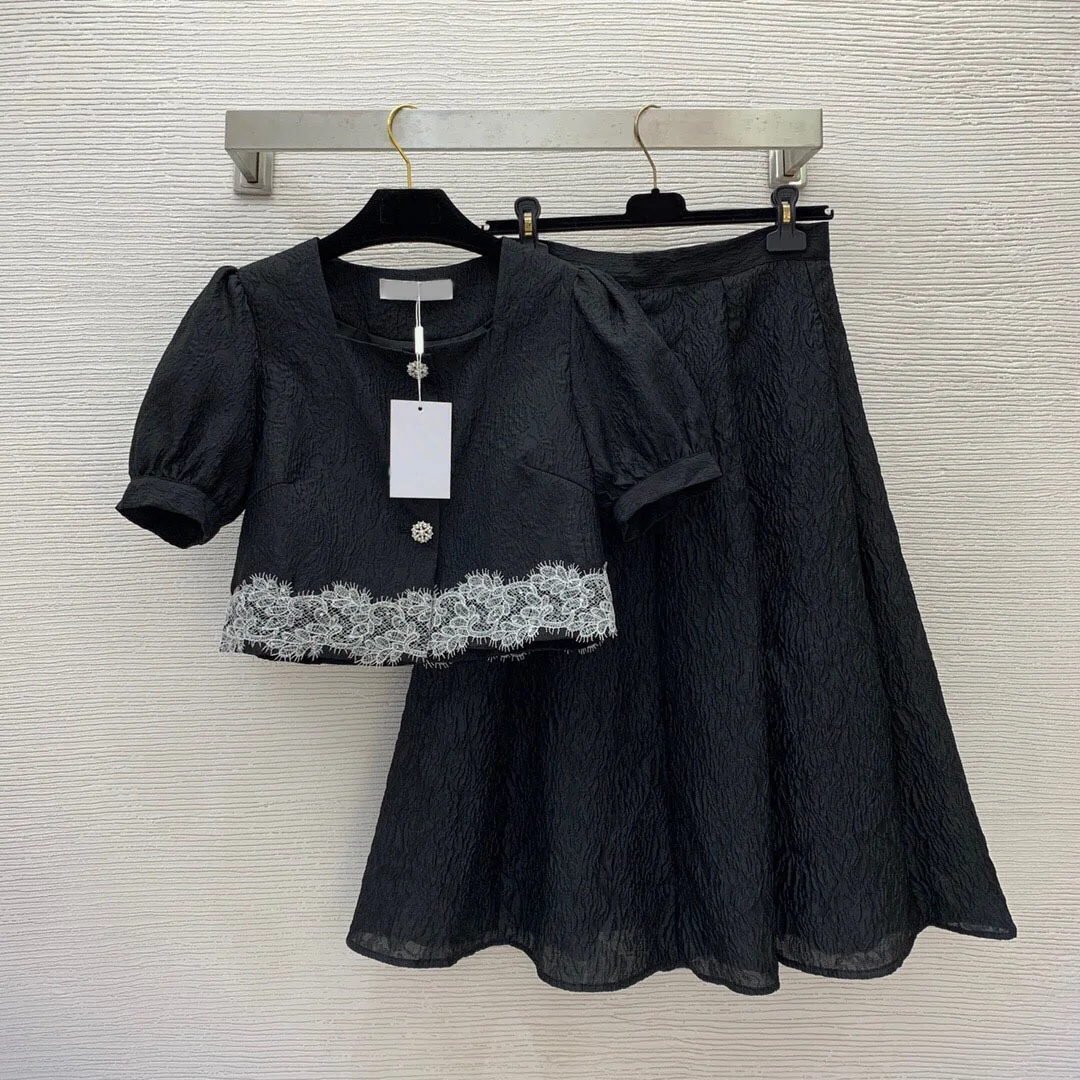 

2023 New Women's Suit Lace Paneled Short Top High Waist Skirt Vintage Fashion Two-piece Set Traf Festival Outfit Skirt Sets