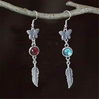 2022 trend asymmetrical butterflies feather metal drop earrings jewelry antique silver color red blue stone long earrings