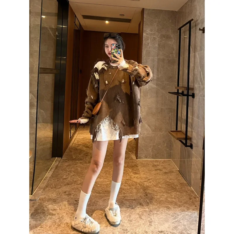 2024 двухсекционный свитер с иллюзией и бахромой женский свободный крой пуловер