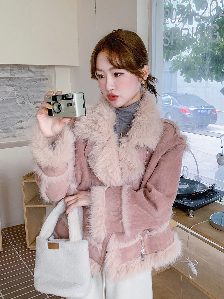 Pink Environmental Protection Fur Outerwear Women 2024 Winter clothes New Furry Retro Thickened Stand Collar Integrated Coat |