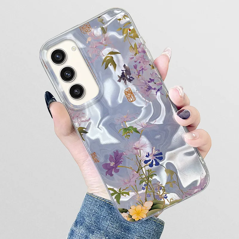 Feather Yarn Phone Case For Samsung Galaxy S23 SM-S908 Laser Flash Coque Soft Silicone TPU Painted Cute Printed Back Cover Funda