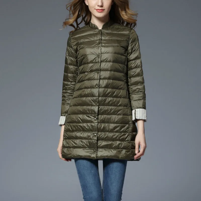 Slim Solid Long Parkas with Ultra Light White Duck Down Woman Winter Duck Down Jacket Single Breasted Pocket Office Lady Style