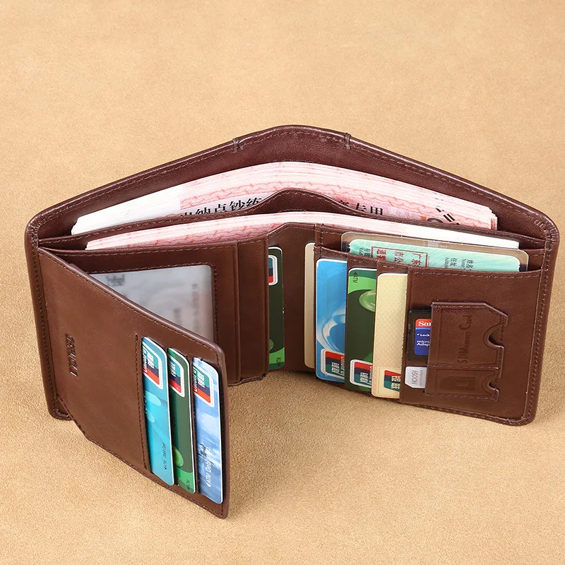 Men's Wallets RFID Genuine Leather Trifold Short Wallets For Man with ID Window Vintage Thin Credit Card Holder Purse Money Bag
