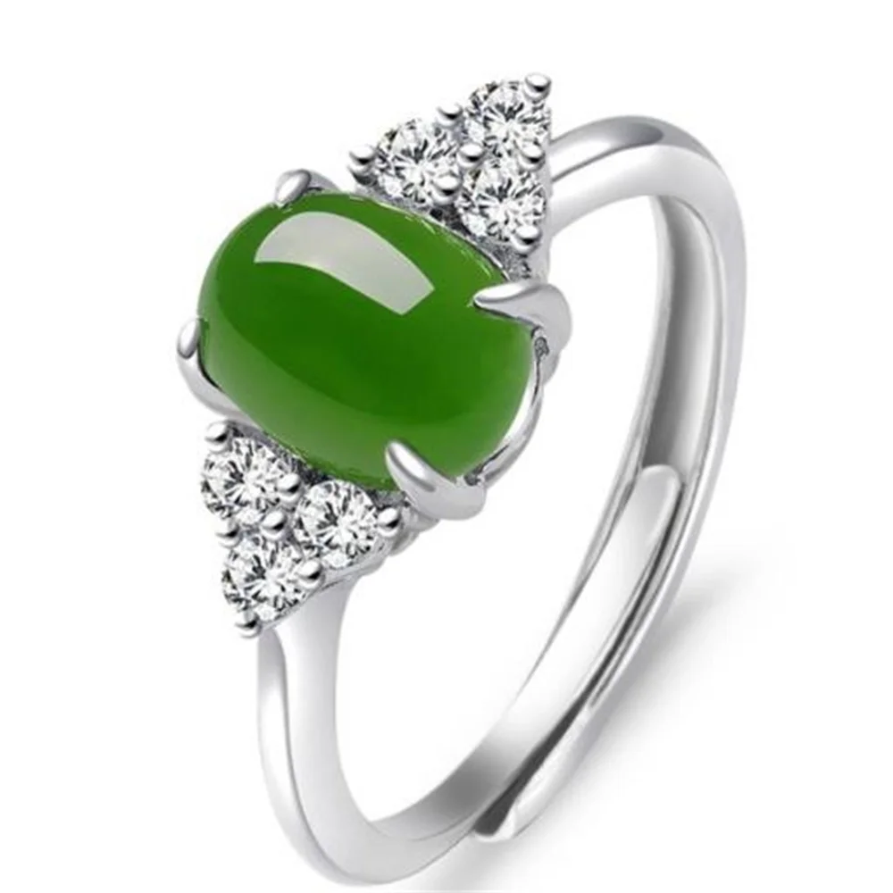 

smvp Genuine 925 Silver Green HeTian Jade Oval Jasper Beads Ring Adjustable with Certificate Trendy Gemstone Girl's Gift Jewelry