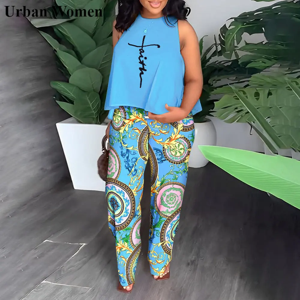 

Summer Fashion Printing Two Piece Set African Women Casual Sleeveless Top Wide Leg Pants Loose Two Piece Set Women
