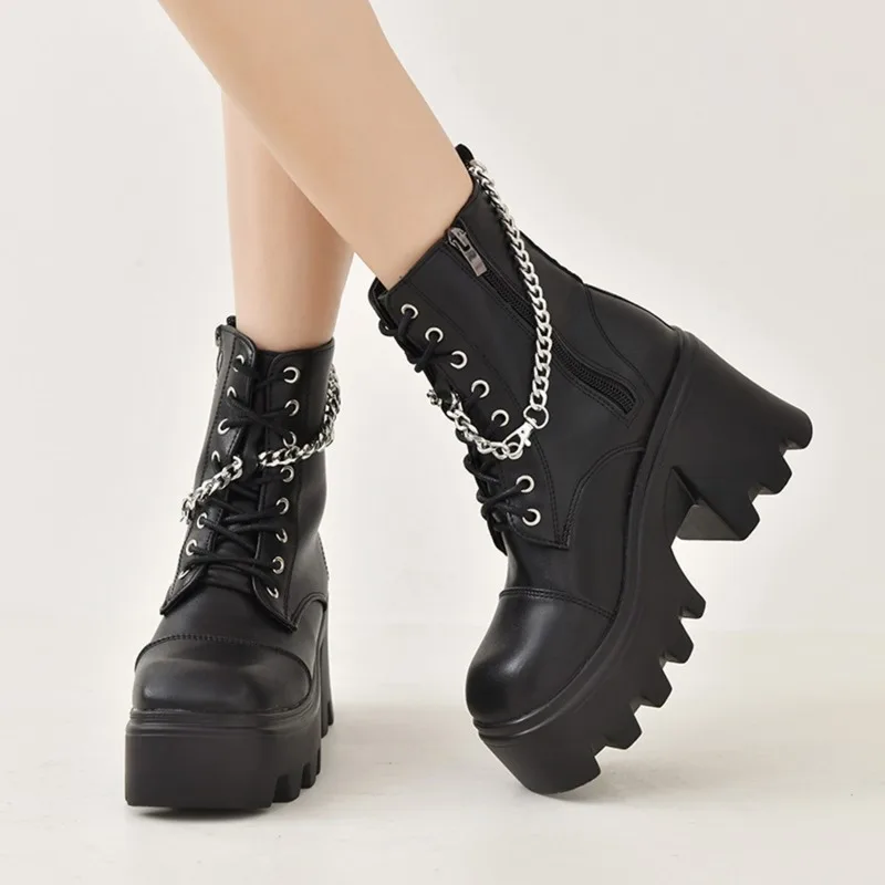 

Sexy New Chain Women Leather Autumn Boots Block Heel Gothic Black Punk Style Platform Shoes Female Footwear High Quality