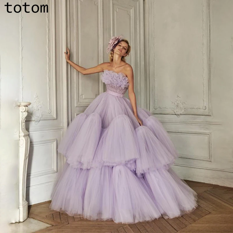

Glimmer Beadings Tiered Ball Gown Strapless Formal Party Dresses Sleeveless Pleat For Women Vestido De Fiesta Personalised Tulle