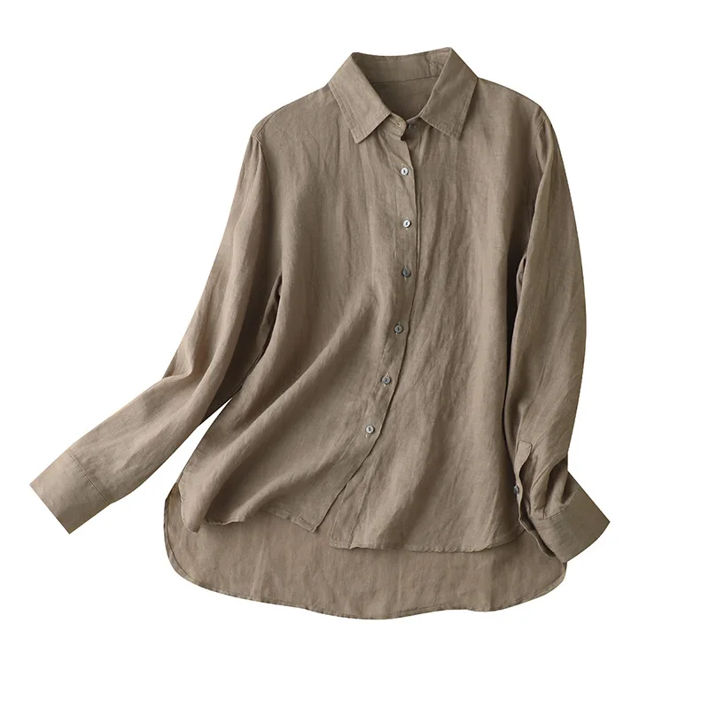 

Linen Long Sleeve Blouse Turn-down Collar Back To The Basics Solid Plain Women Shirt Vintage Top Single Breasted