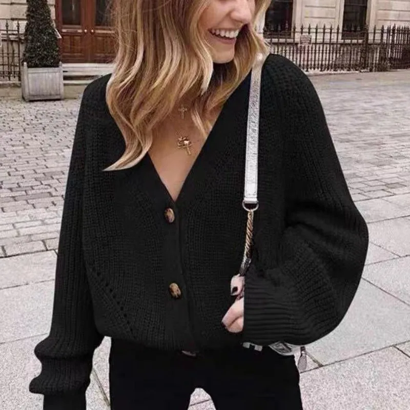 

Vintage Lantern Sleeve Button Cardigan Fashion Casual Cardigan Jacket Winter Soft Tops Autumn V-neck Knitted Sweater Coat 28413
