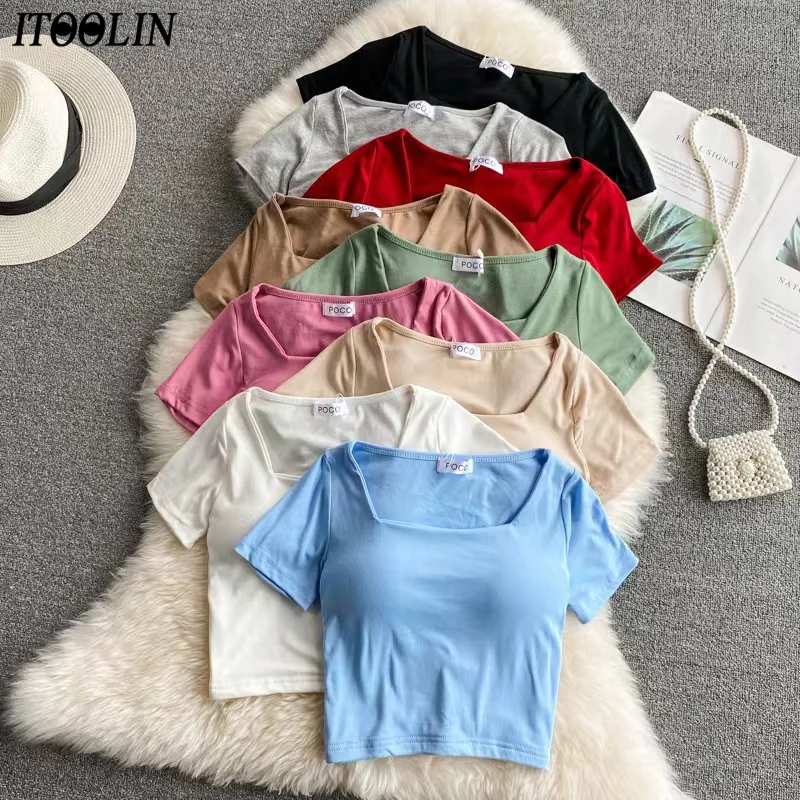 

ITOOLIN Fashion Women T-shirt Built In Bra Crop Tops Square Collar Summer Short Sleeved Tops Slim For Women T-shirt All-Match