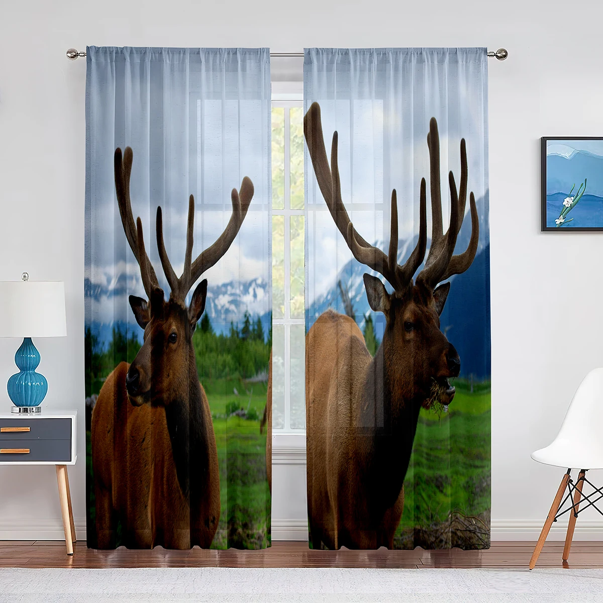 

Deer In The Mountain Sheer Curtains for Living Room Decor Wild Animals Hunting Window Curtain Bedroom Kitchen Tulle Voile Drapes