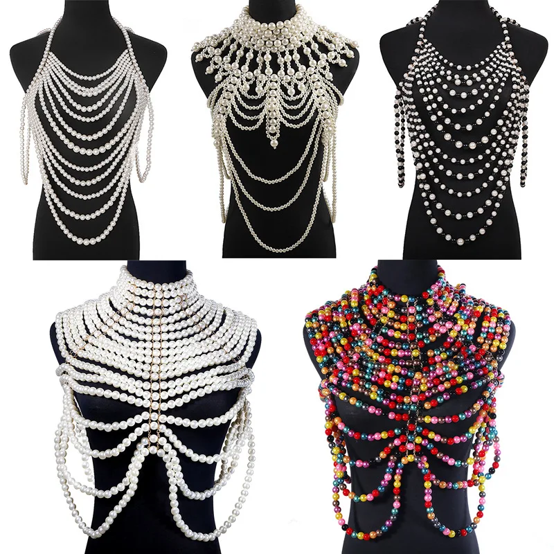 Women Wedding Imitation Pearl Bib Choker Necklace Jewelry Beading Body Chain Shawl Collar Vintage Layered Decorative Vest