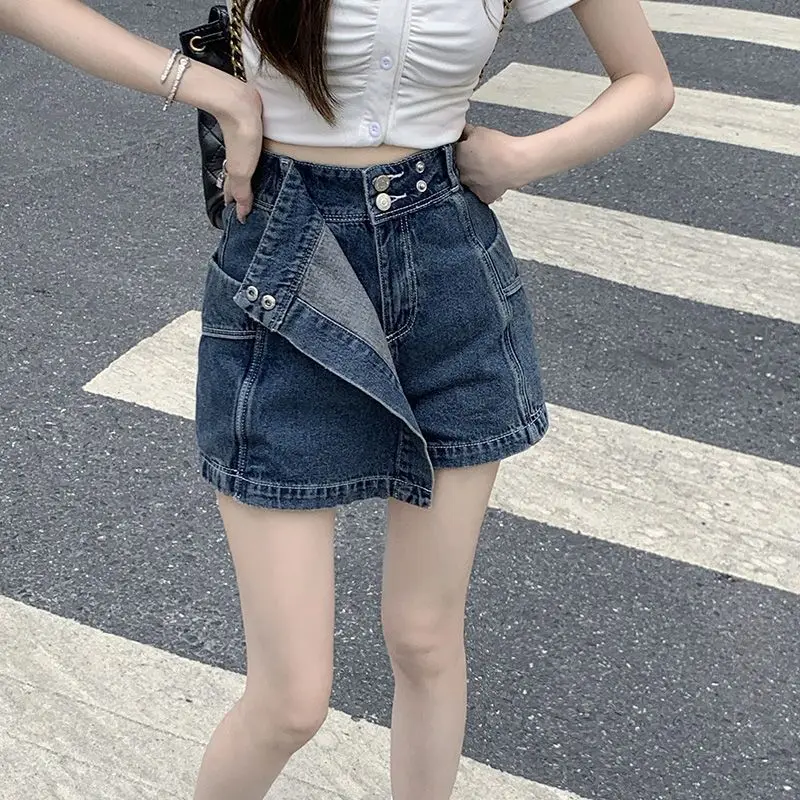 Button Pockets Patchwork Asymmetrical Zipper Solid Color Shorts Women's Clothing Fashion Loose Streetwear Summer Thin High Waist