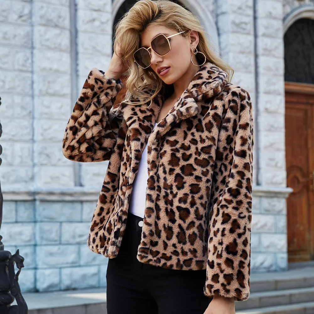 Women's Leather Fur Coat Autumn and Winter Plush Imitation Fur Leopard Print Coat Female Faux Fur Jacket Faux Fur Coat