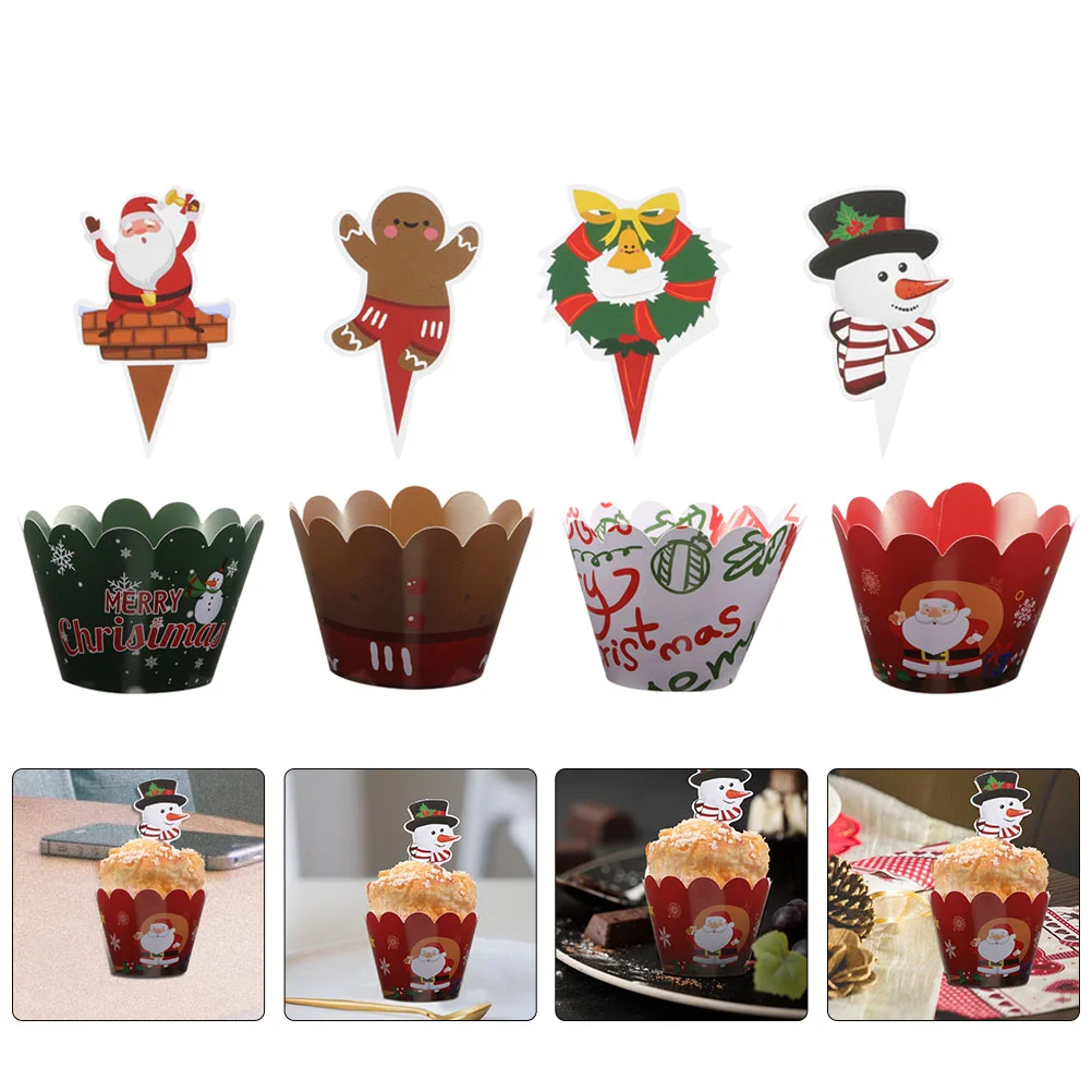 

24 Sets Cupcake Toppers and Wrappers Creative Christmas Cake Paper Decorations