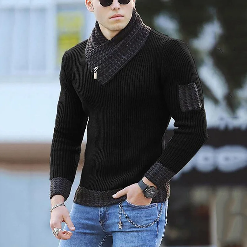 Autumn And Winter New Men's Casual Stitching Knitted Pullover Turtleneck Sweater