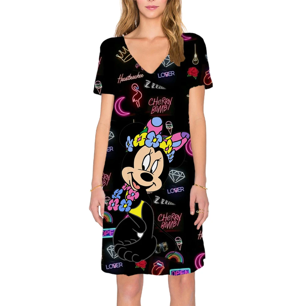 

Elegant Disney Minnie Mickey Mouse Printed Casual Beach Midi Dresses Women Summer V-neck Short Sleeve A-Line Dress Sundress 5XL