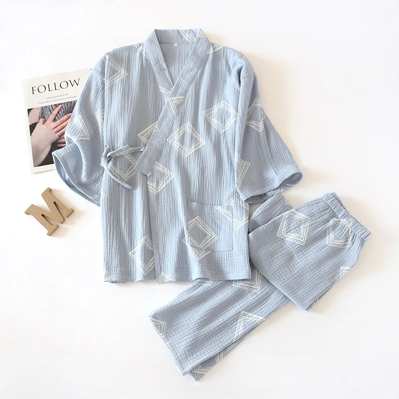 Cotton Pajamas Two Piece Set for Women and Men Printing Loungewear Kimono Robe Lace Up Loose Cardigan Trousers Steam Pajama Sets