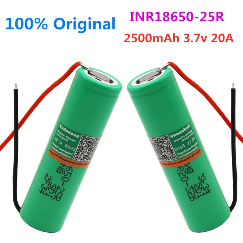 

100% Original INR18650-25R 2500mAh Brand ForSamsung 18650 battery 2500mAh Rechargeable battery 3.6V INR18650 25R+DIY wire