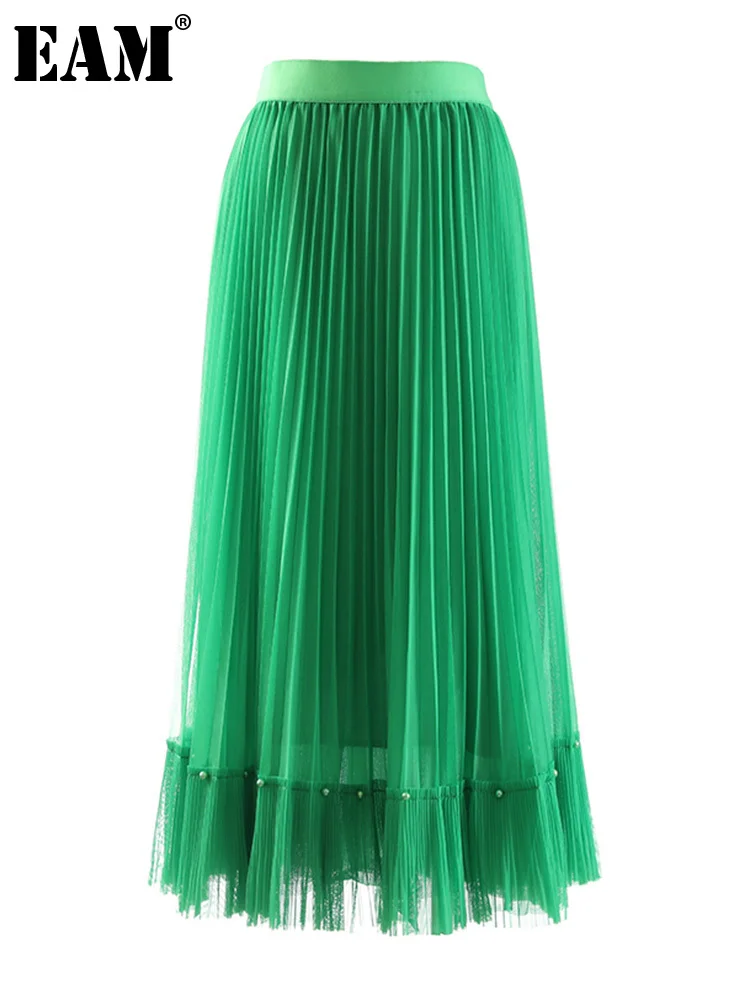 

[EAM] High Elastic Waist Green Pleated Nailed Mesh Long Half-body Skirt Women Fashion Tide New Spring Autumn 2022 1DE7797