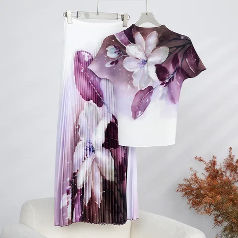 Женский элегантный пуловер с цветочным принтом + Плиссированная Юбка-миди А-силуэта, модельный комплект из 2 предметов, повседневный наряд N7256