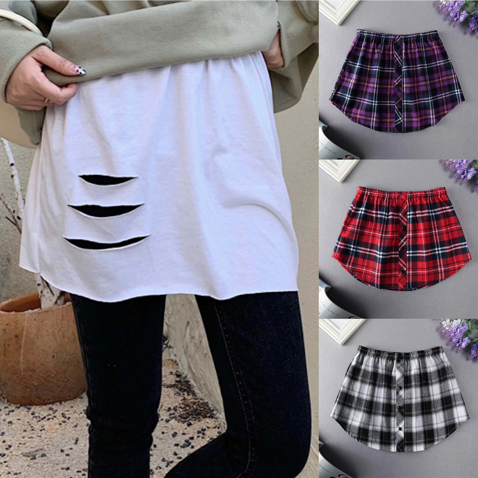 

Skirts Womens 2022 Fashion Mini Skirt Shirt Extenders Adjustable Layering Fake Top Lower Sweep Set Plaid Skirt Mujer Faldas