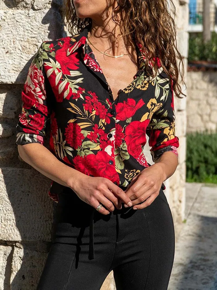 Весенняя новинка рубашка с цветочным принтом топы женская мода отложной
