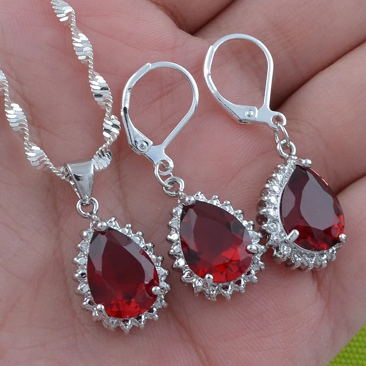 

ANGLANG Luxury Water Drop Red Cubic Zirconia Jewelry Set Engagement Necklace Earring for Bridal Wedding Jewelry Gift for Women