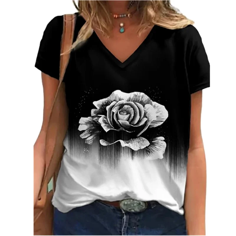 

2021 Summer T-shirt Women Loose V-neck Floral Printing Short Sleeve Casual Clothing Ladies Top Tshirts Street Oversize T-shirt