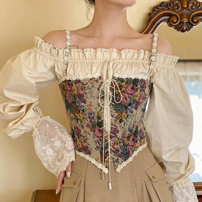 

y2k 90s Vintage Fashion Lace Trim Floral Printed Corset Top Ladies Elegant Bodycon Strap Crop Top Cummerbunds Tie Up Wear Out