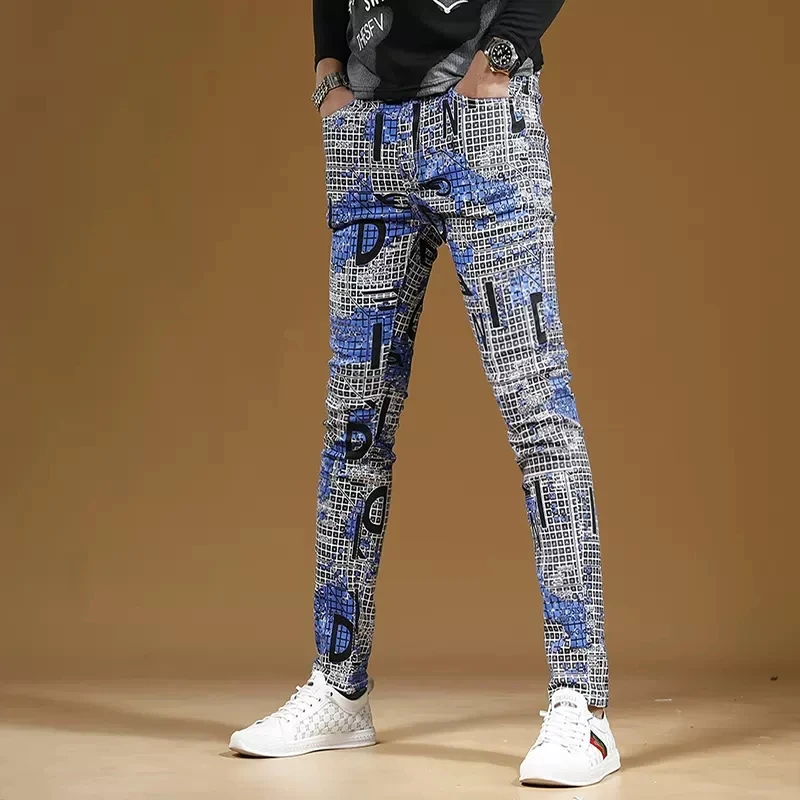 Autumn Men Blue Plaid Printed Jeans Fashion Slim Fit Straight Pants Streetwear Casual Denim Trousers