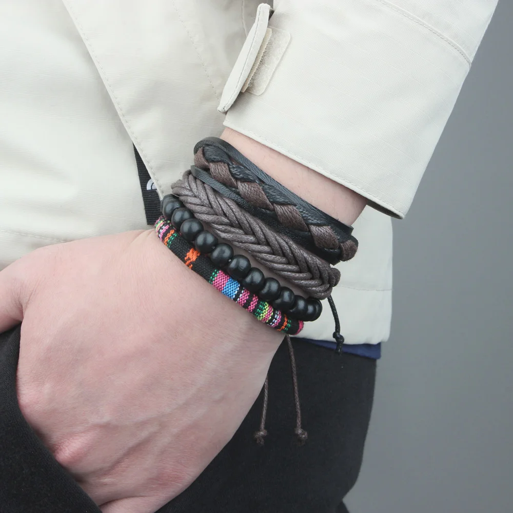 

4Pcs/ Set Braided Wrap Leather Bracelet for Men Vintage Life Tree Rudder Charm Wood Bead Ethnic Tribal Wristband Rope Bracelet